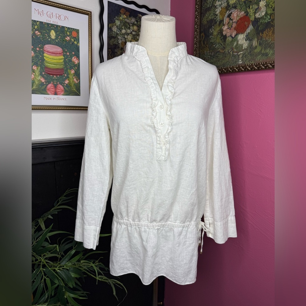 Lilly Pulitzer White Linen Roll Tab Sleeves Tunic Top Sz 6 - Picture 2 of 12